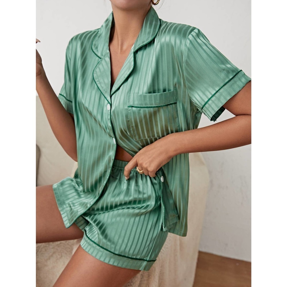 Cream 2 piece pajama set: Striped Satin shirt and shorts pj Set - Picture 3 of 11